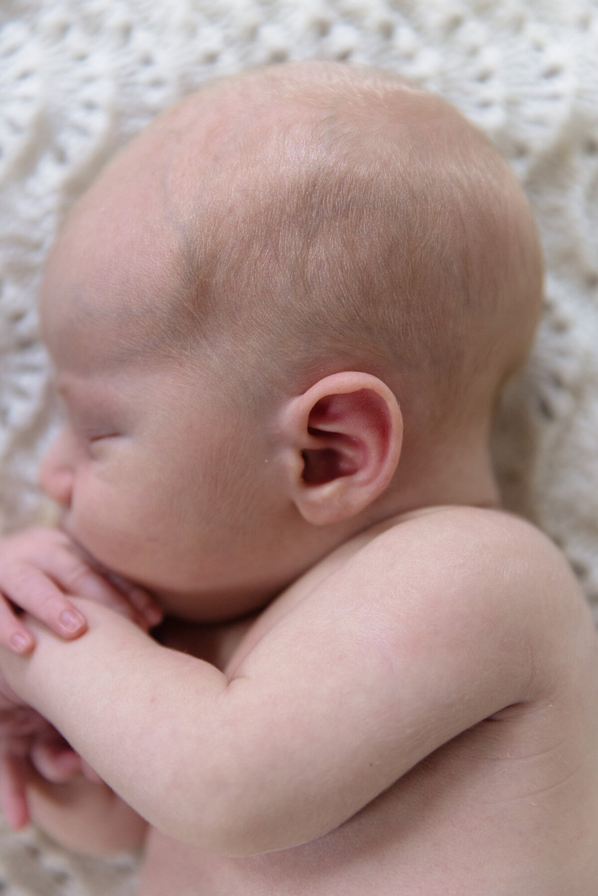 Detaljbilde av baby i profil. Man kan se dunhår på skuldrene til babyen. Fotografert i Studio Landmark, Fyllingsdalen.