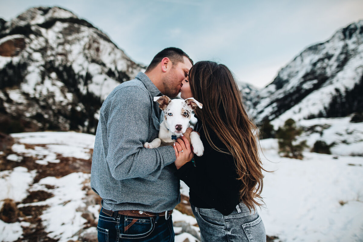 Ouray engagement session with puppy in the snow.