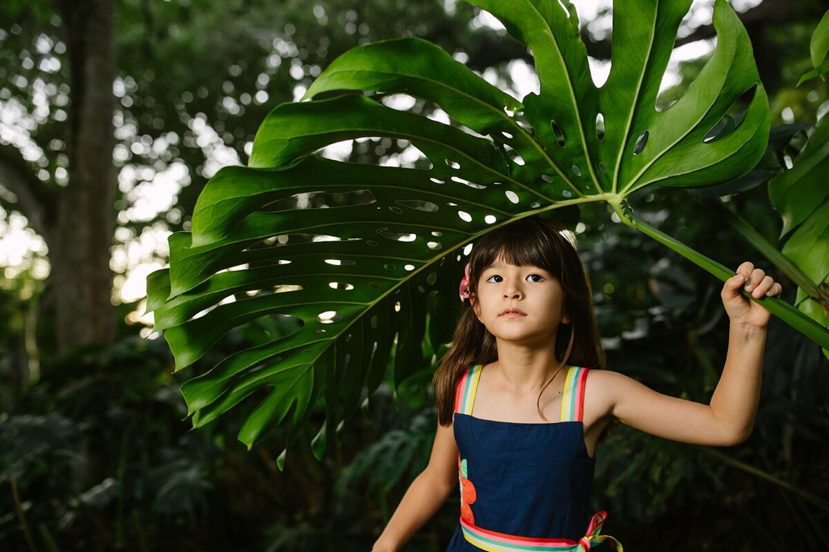 A little girl hold a large palm leaf above her head.