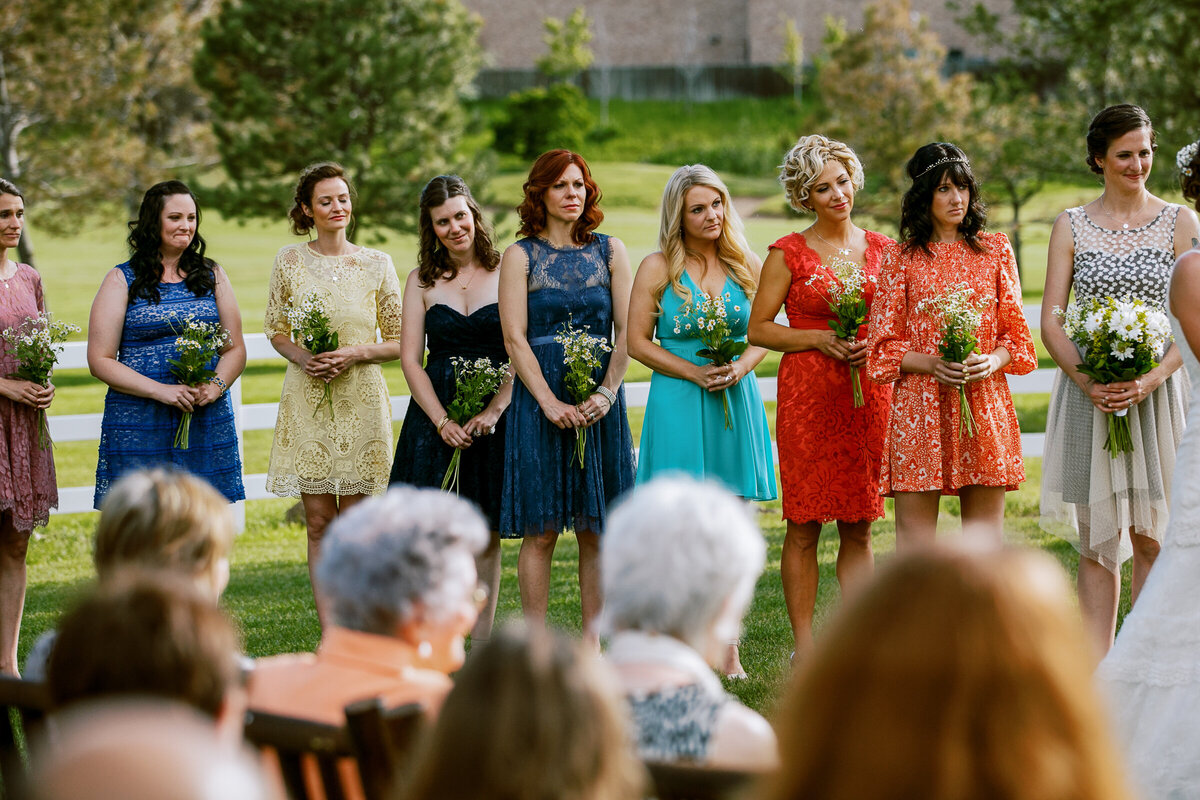 Photo of the bridal party taken in Littleton Colorado wedding at the Barn at Raccoon Creek