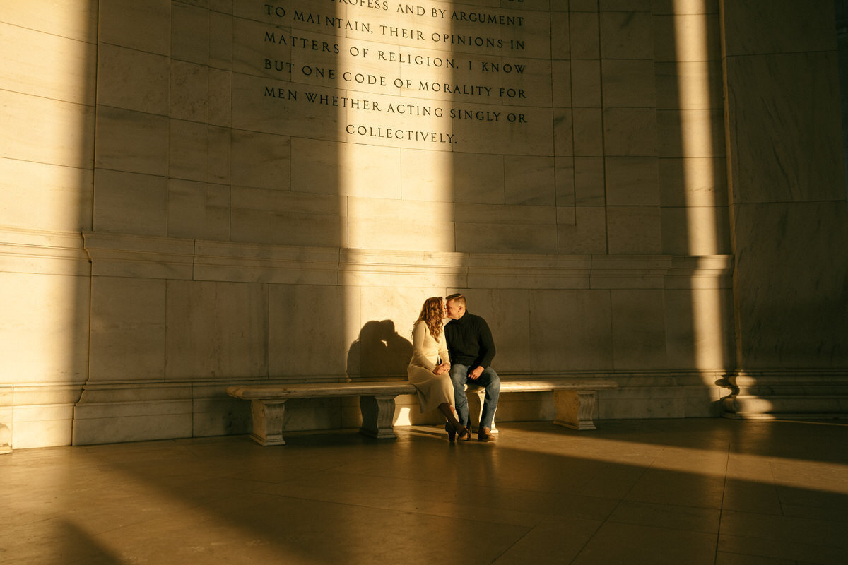 A sunrise engagement session at the Jefferson Memorial