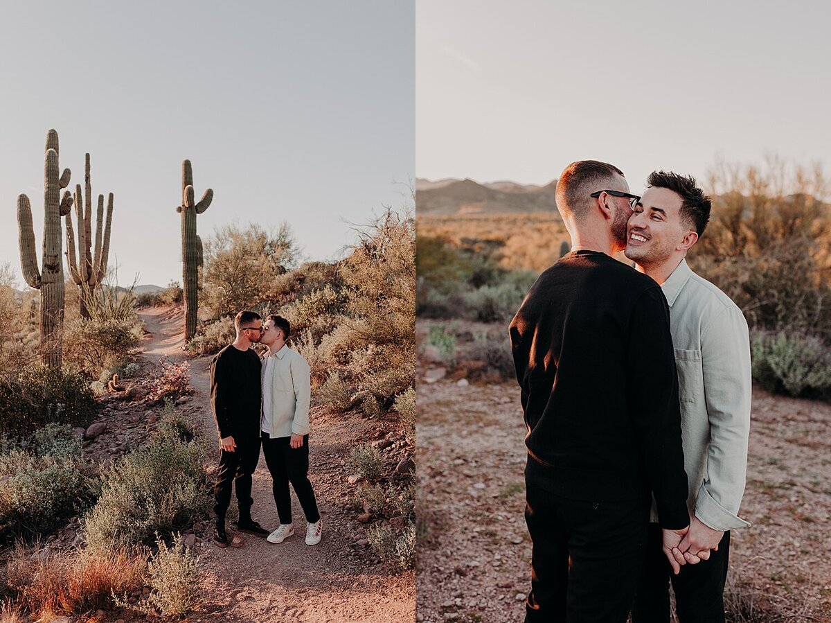 two men cuddle in the phoenix desert for an anniversary photo session