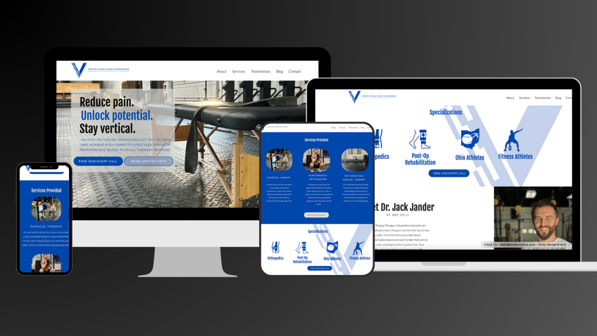 Graphic of Vertical Physical Therapy's  website on mobile, desktop, and tablet