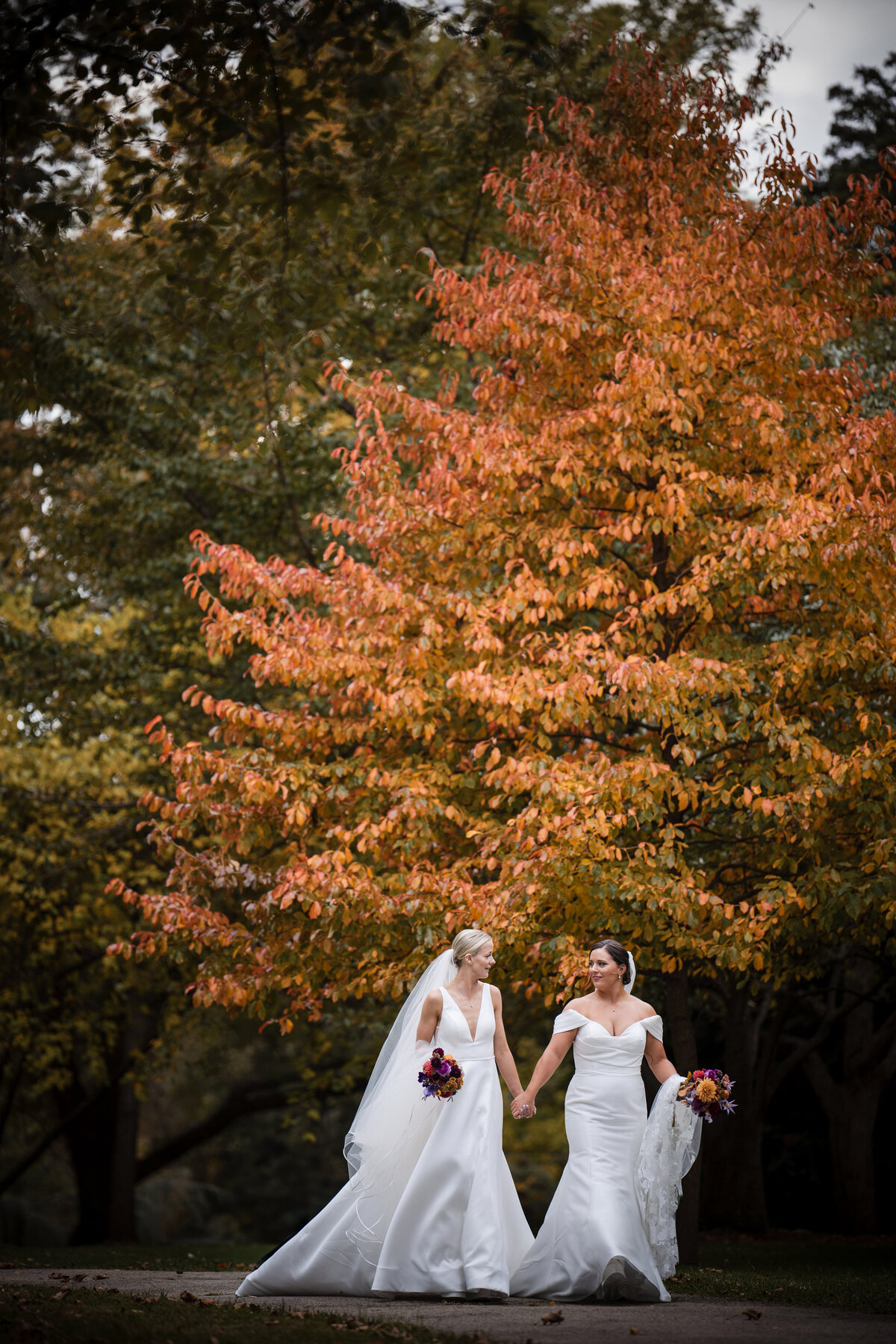 A couple walks with the fall colors in the background at a  Fairmount Park Horticulture Center wedding
