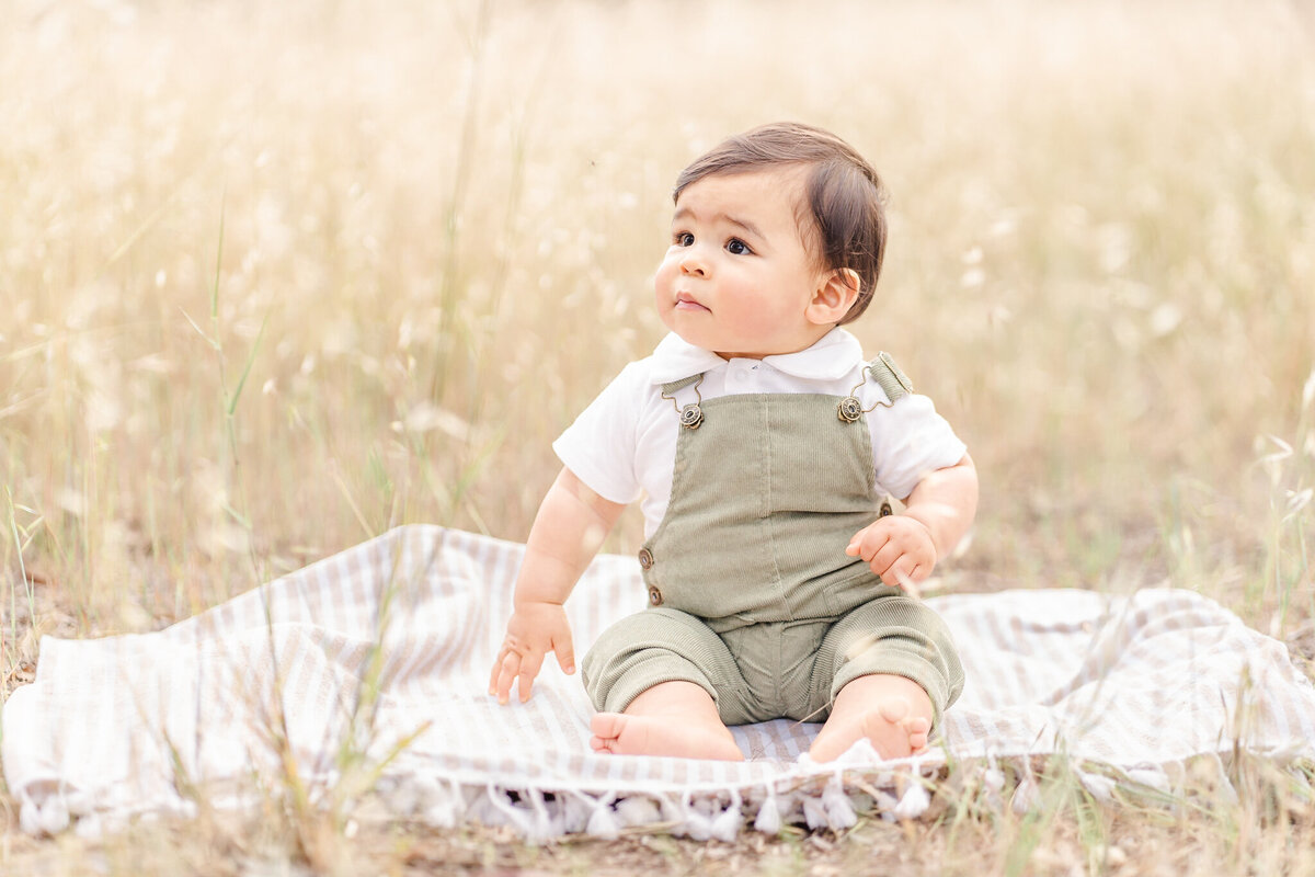 one year old boy sitting on a blanket in a field of golden grass