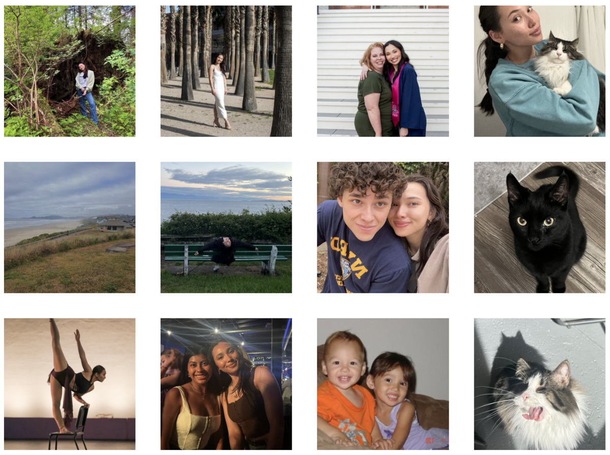 Various photos of Emily's life. Showing her graduation, with family and friends, traveling, holding her cats, and dancing. 