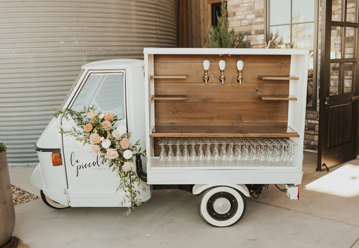 Elopement couple posing with Colorado's best mobile bar.