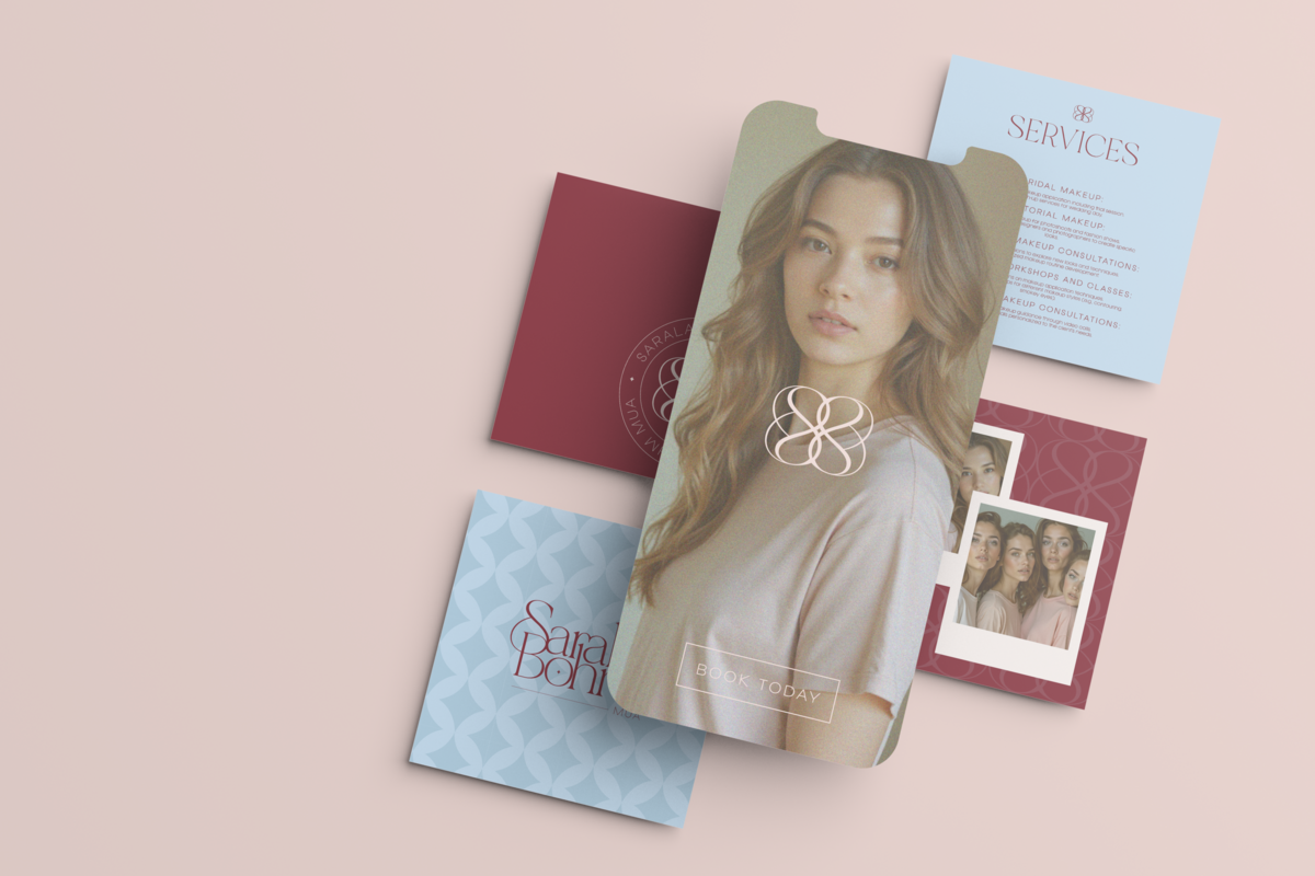 Makeup artist branding materials for Sarala Bohm featuring a model, business cards, service list, and Polaroid-style images in red and blue tones