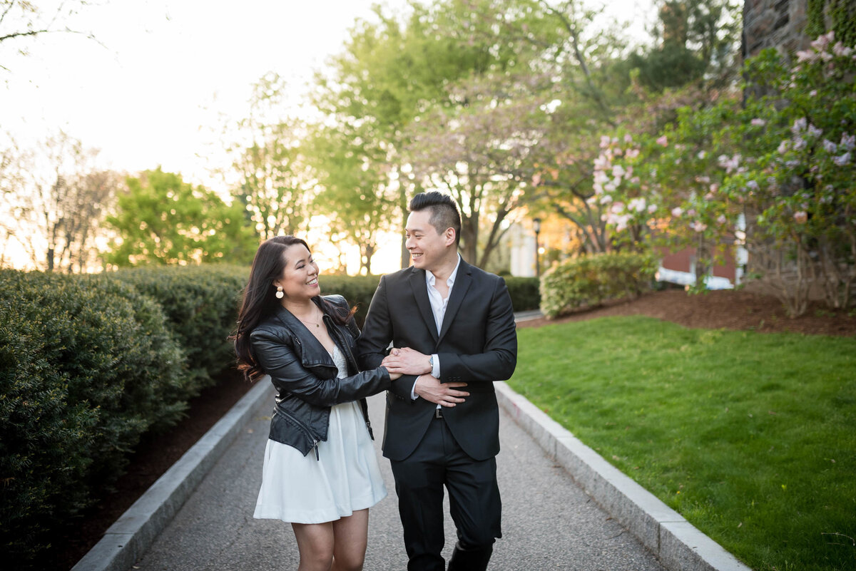 leather jacket on fiancee and suit engagement session