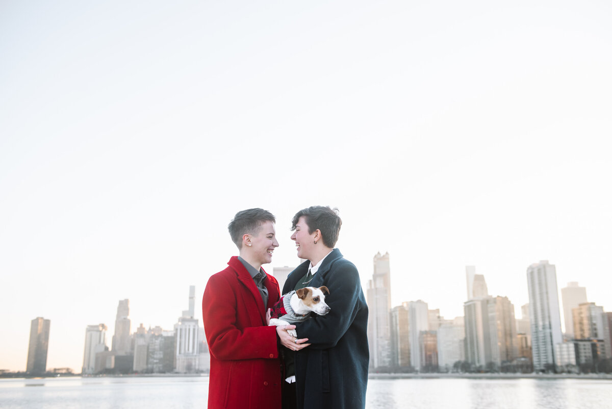 Mei Lin Barral Photography_Chicago-North-Avenue-Pier-queer-winter-couple-portrait-with-rescue-dog-3