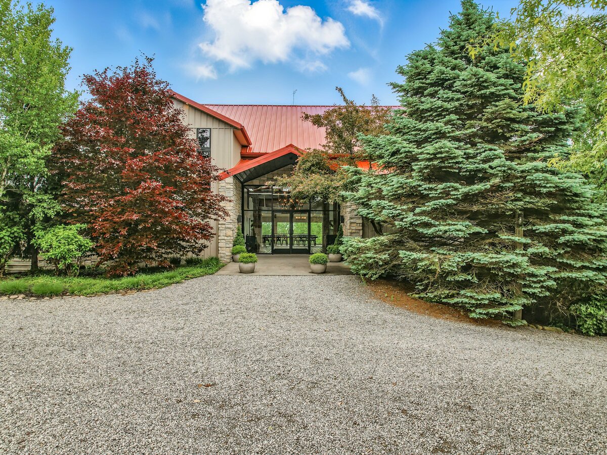 Modern wedding venue with stonework entrance in Western Pennsylvania