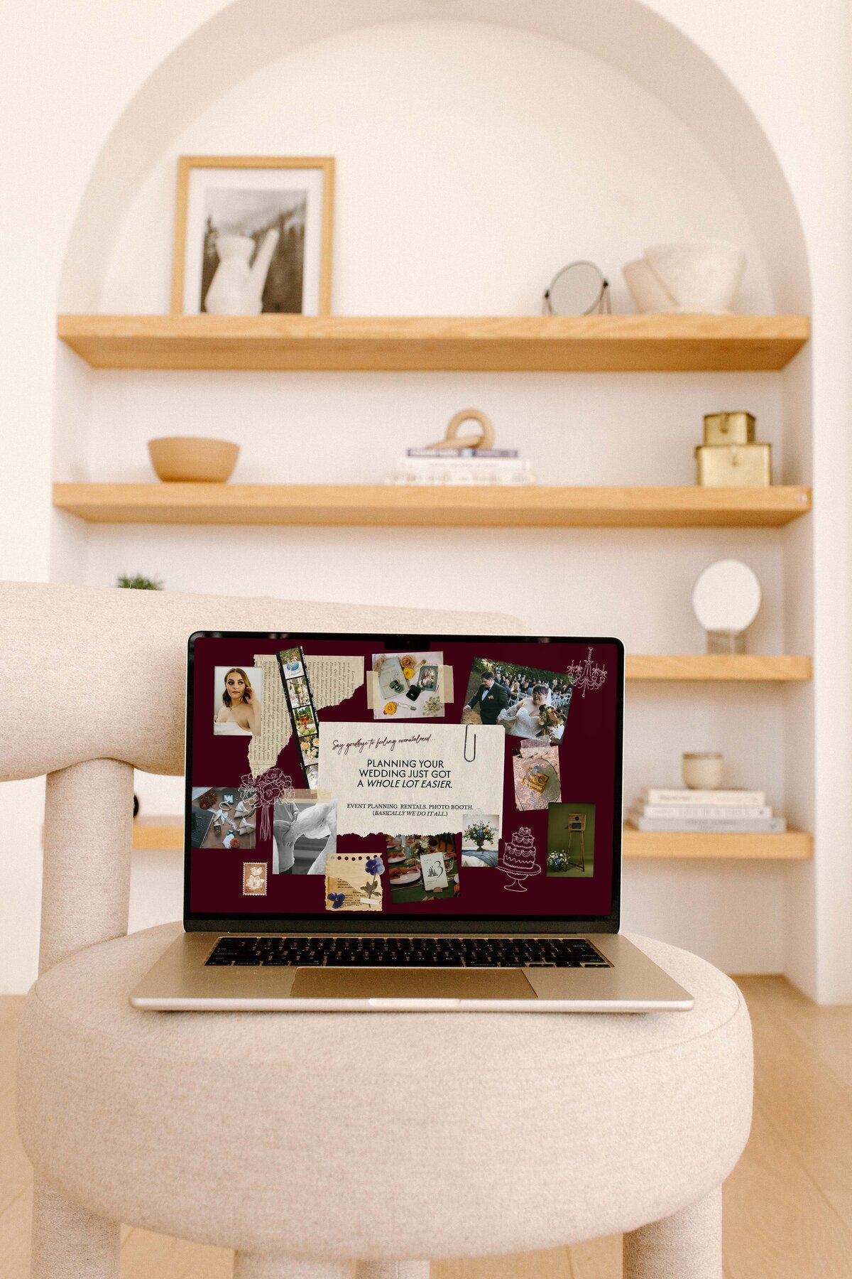 A laptop sits open with a website page displaying a homepage with a collage for an event planner's website. 