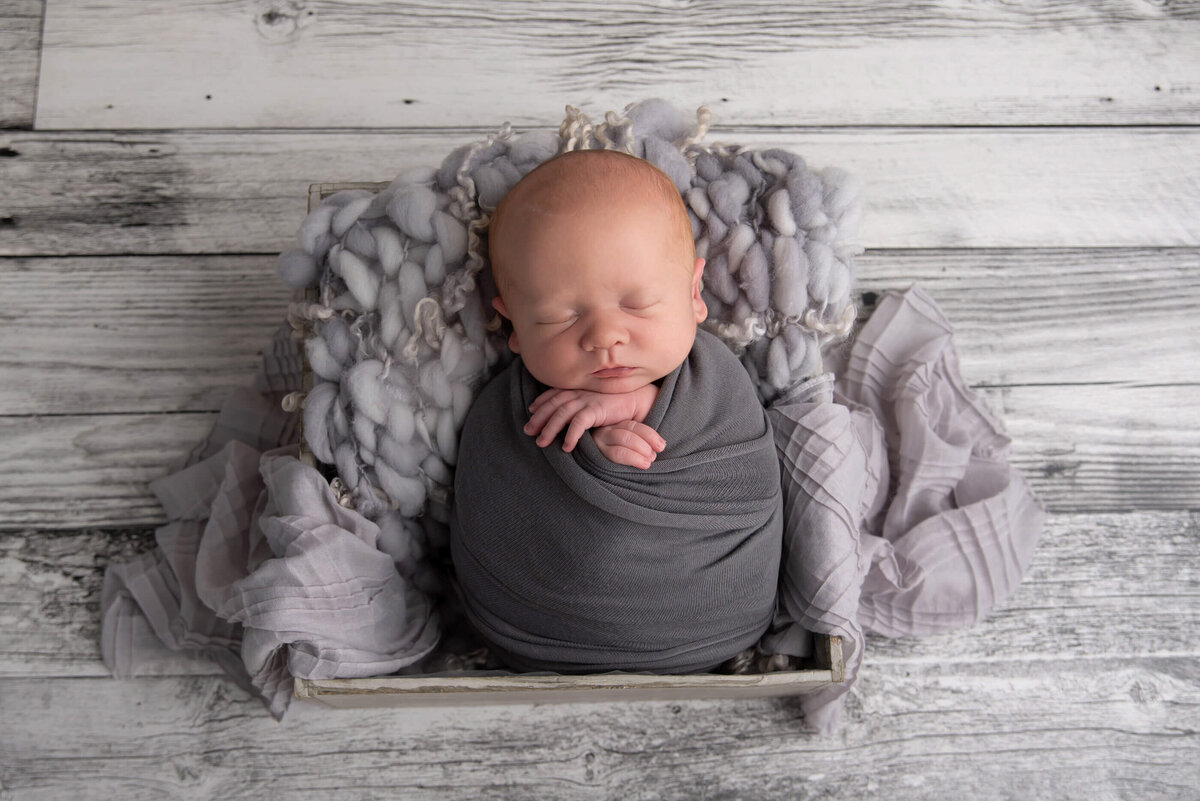 newborn boy wrapped in grey in a white bucket for his newborn photos.