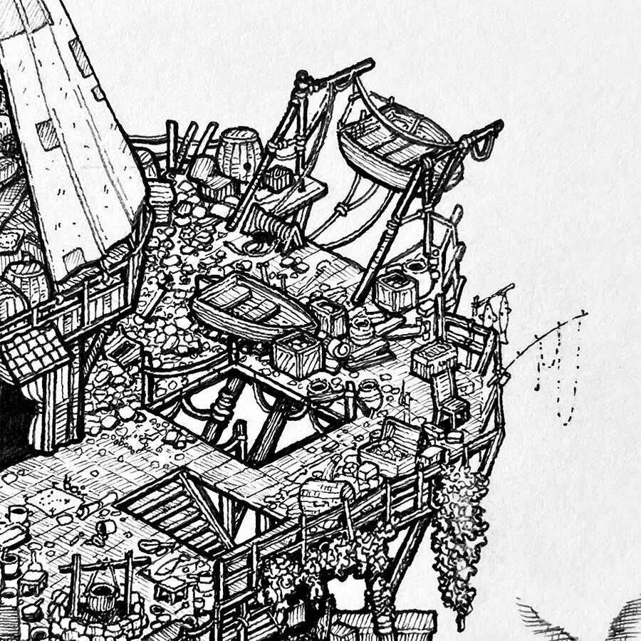 Close up of an illustration of boats hanging and fishing poles on a pirate stilt house