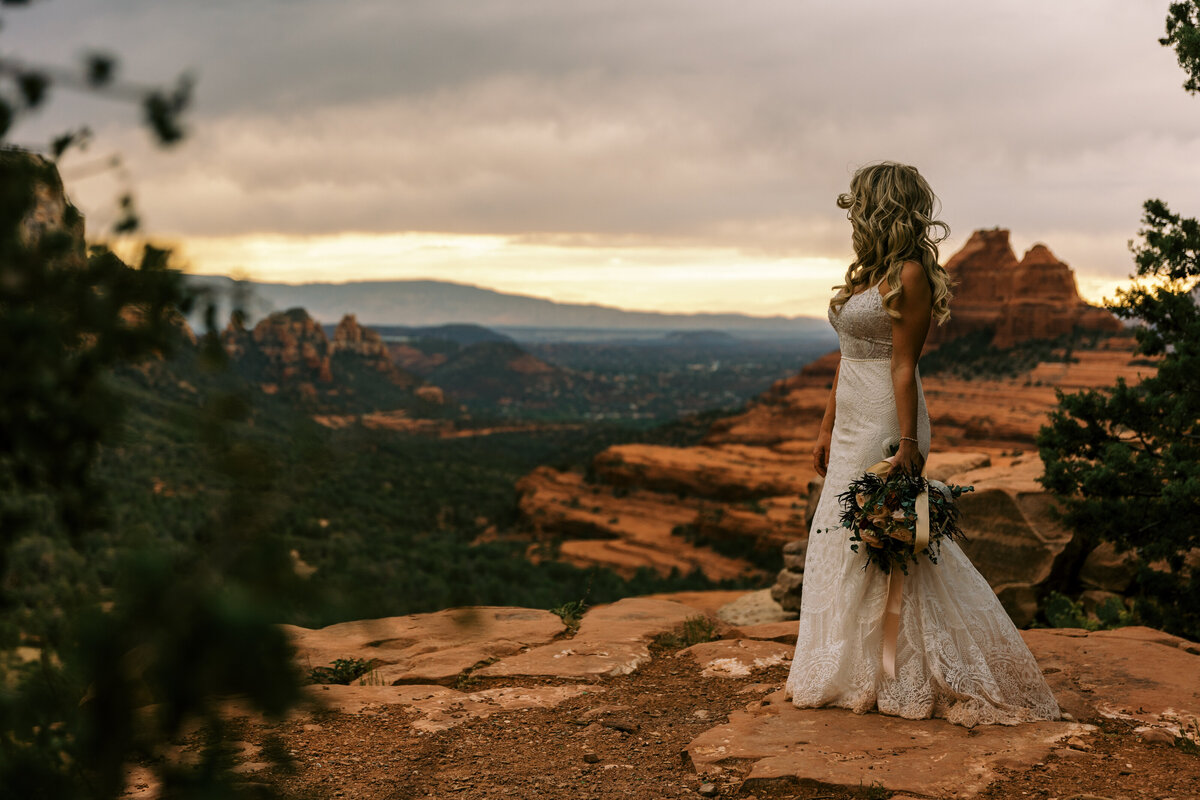 bride looking at landscape in Sedona