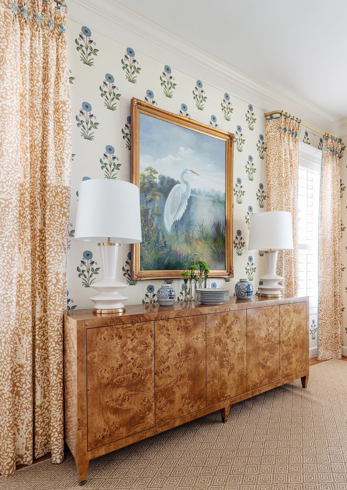 oyster creek studios oak forest remodel wooden side table with storage and heron painting
