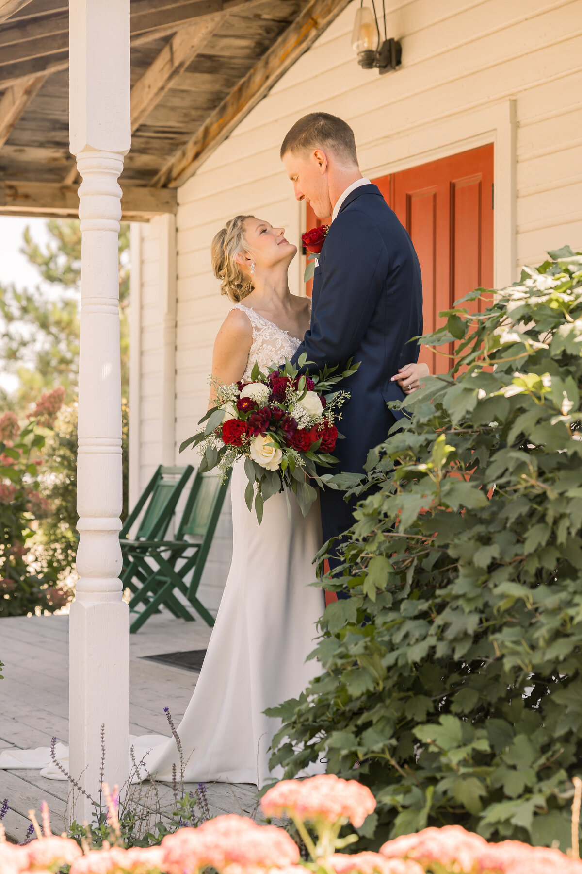 Bride and groom wedding portrait at Gathered Oaks wedding venue in Alexandria MN
