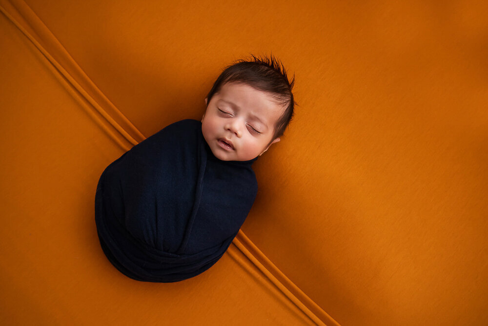 newborn boy wrapped in blue on an orange background for his baby pictures in Hamilton, Ontario.