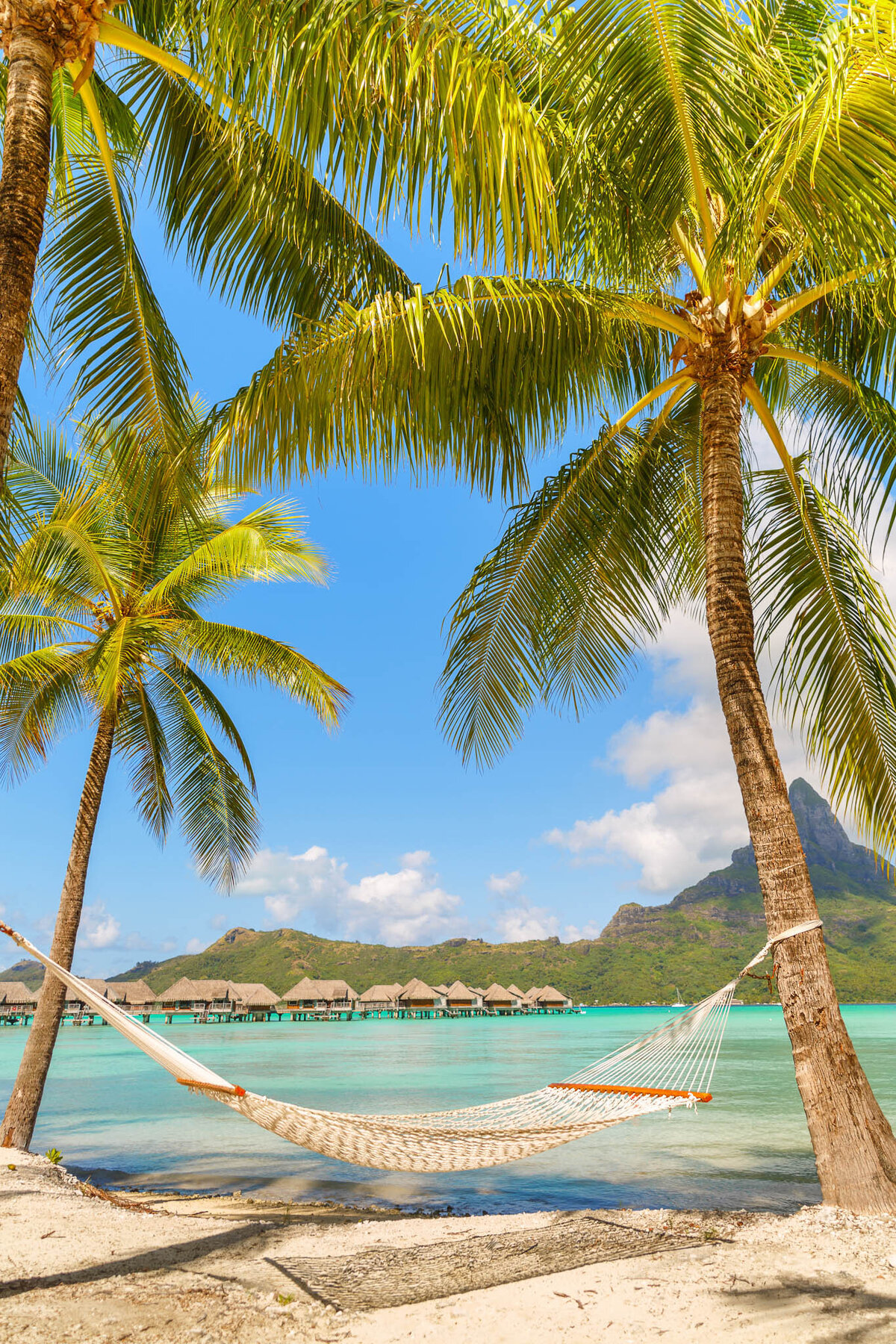 Hammock between palm trees overlooking turquoise lagoon and overwater bungalows in Bora Bora.