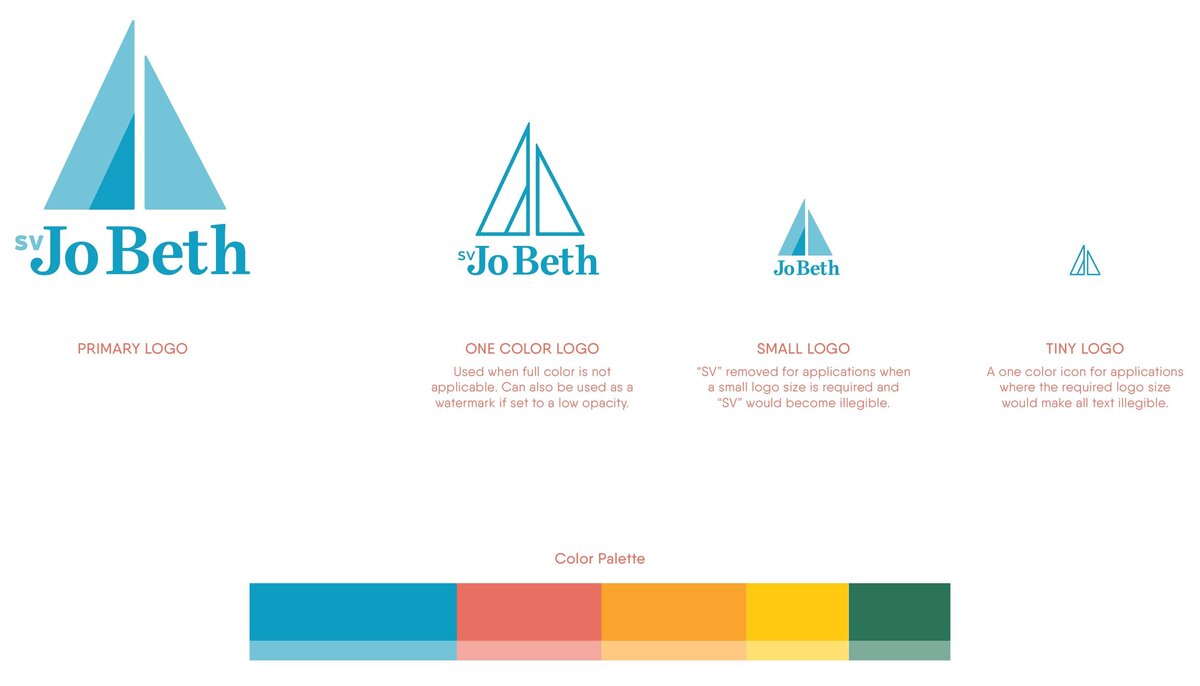 4 different versions of the SV Jo Beth logo - Primary, one-color, small, and tiny - displayed with the SV Jo Beth tropical color palette of blue, coral, orange, yellow, and green