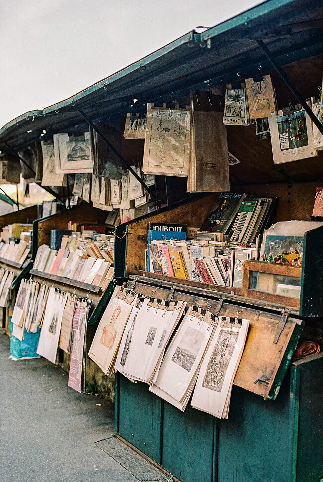 Film photograph of Paris France market stand along the Seine