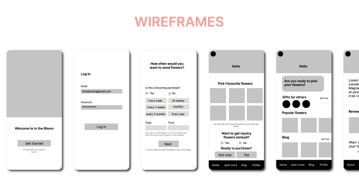 Wireframes showing layout of screens for product selection and checkout
