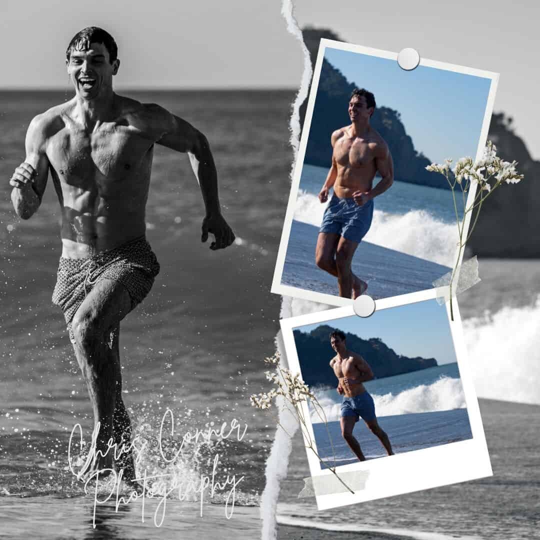 Young man in fit condition running out of the cold ocean without a shirt wearing only  a swimming suit