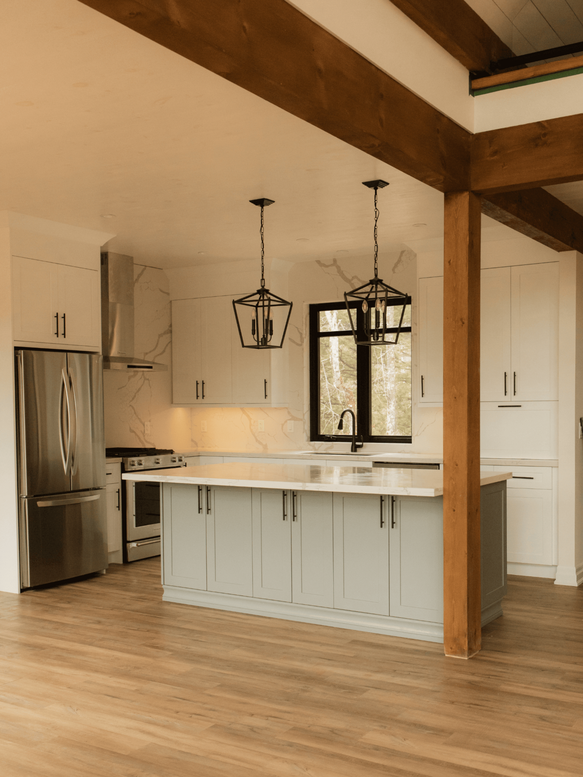 Haliburton Highlands timber home build highlighting handcrafted beams, stone accents, and warm natural interiors.