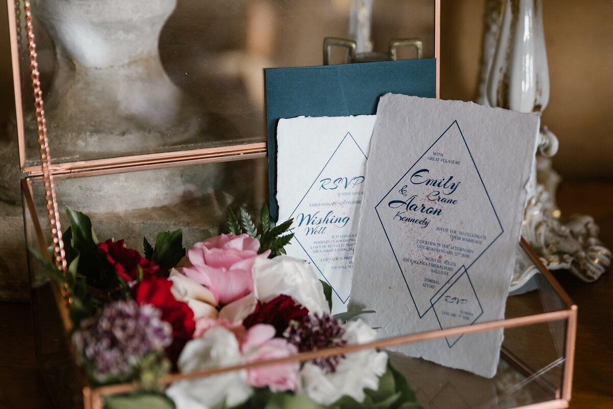 Elegant wedding invitation on handmade cotton paper with diamond design and blue envelope