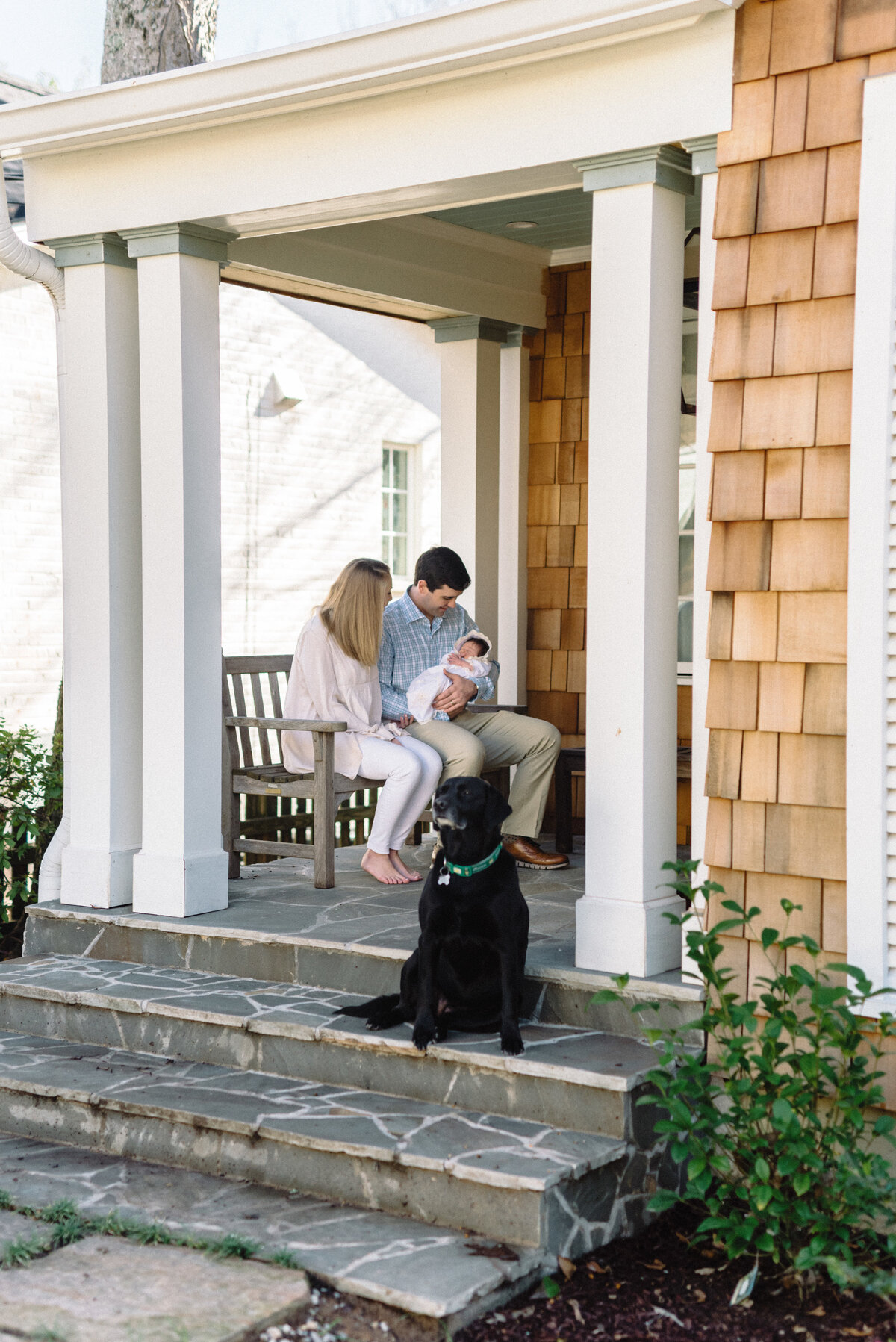 Front porch family photos with dog in Mountain Brook, AL