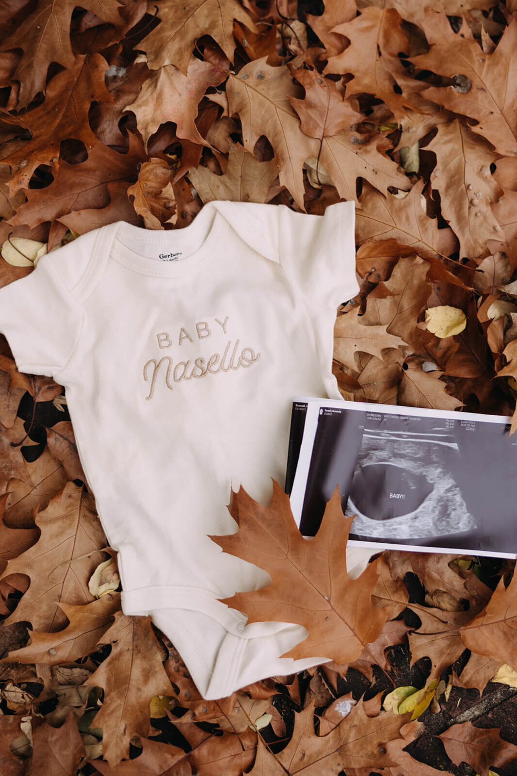 Baby onsie and scan picture for pregnancy announcement photos in Finger Lakes, NY