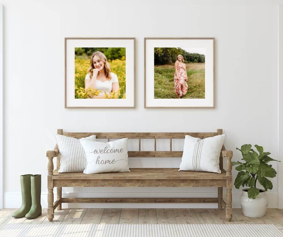 stunning framed senior portraits captured by Ashley Kalbus Photography hanging above a wooden bench in a mudroom.