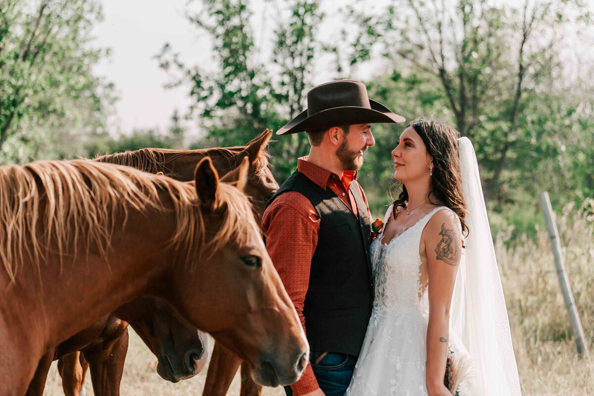 Bride and groom stand looking at each other surrounded by their horses.