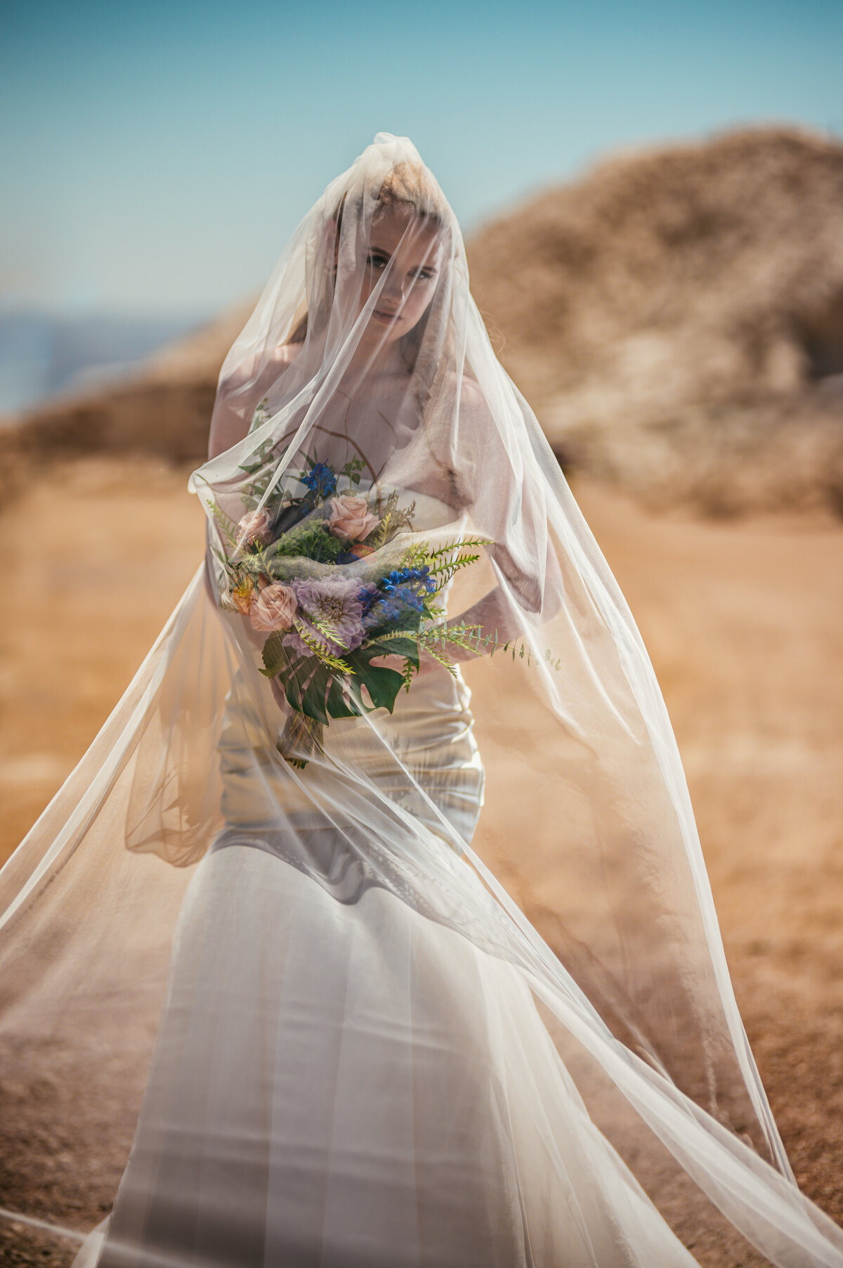 Bridal portrait in desert wrapped in her cathedral length veil holding flowers by michelle with pink purple and blue flowers and  palm leaves blue sky noon wedding ELDORADO CANYON MINE TOURS nelsons ghost town weddings nelsons landing bride in sleeveless gown and cathedral veil  groom in black tux armani  las vegas elopements las vegas wedding photography las vegas wedding photographers mk delacy photography