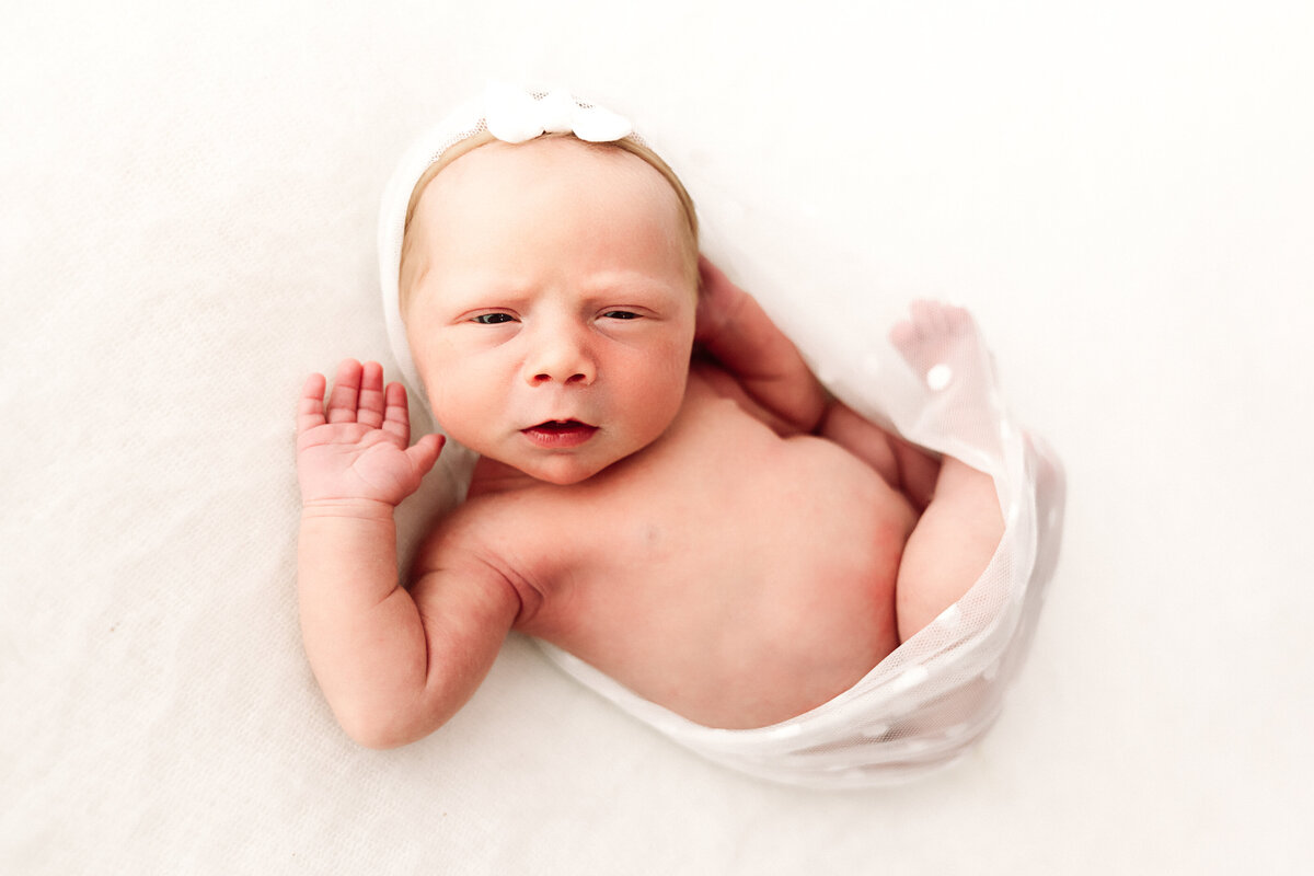 Newborn innocence: a tiny baby with a gentle headband gazes curiously at the world, cocooned in soft white fabric, , taken by Fig and Olive Photography a Twin Cities Newborn Photographer