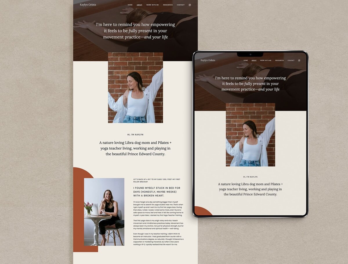 Responsive Showit website design for mindful yoga and Pilates instructor in Prince Edward County