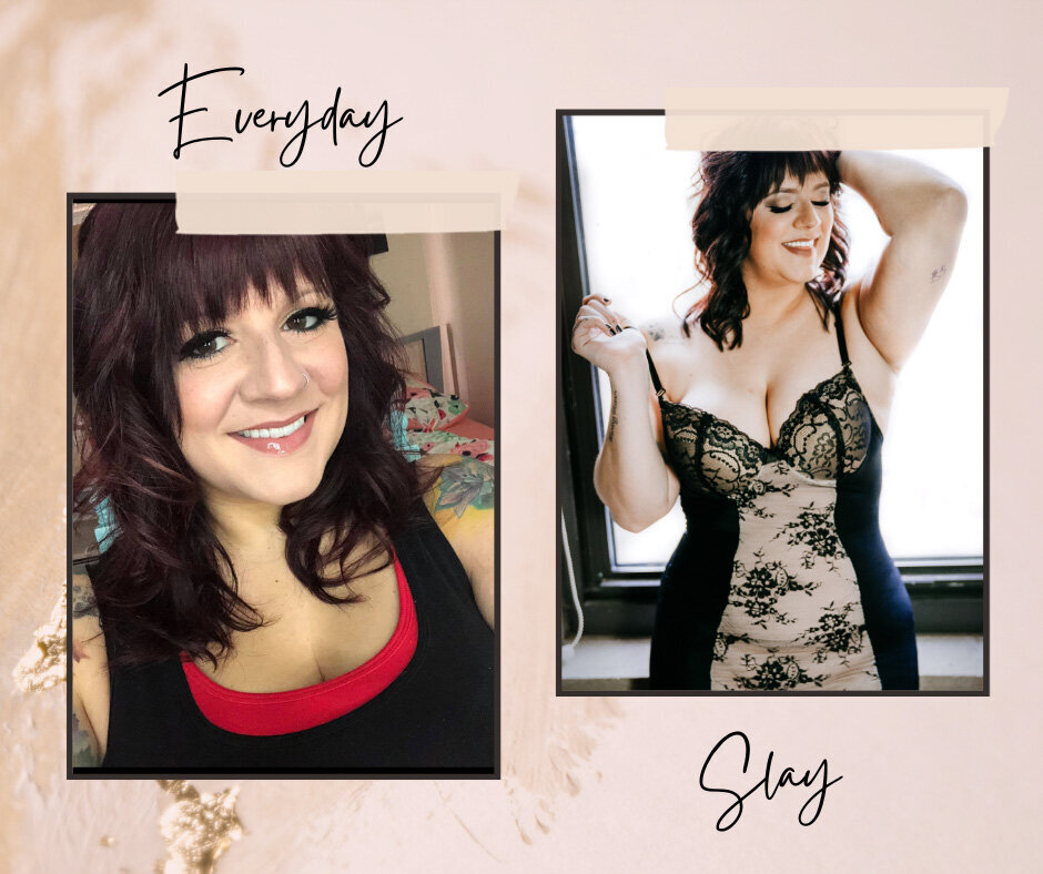 Minneapolis Mn studio pictures of before and after of woman in black and nude lace slip