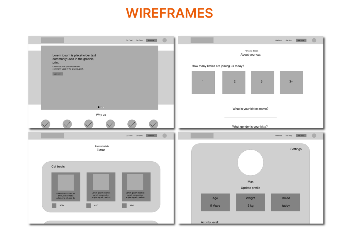 Wireframes for key pages such as homepage and product customization
