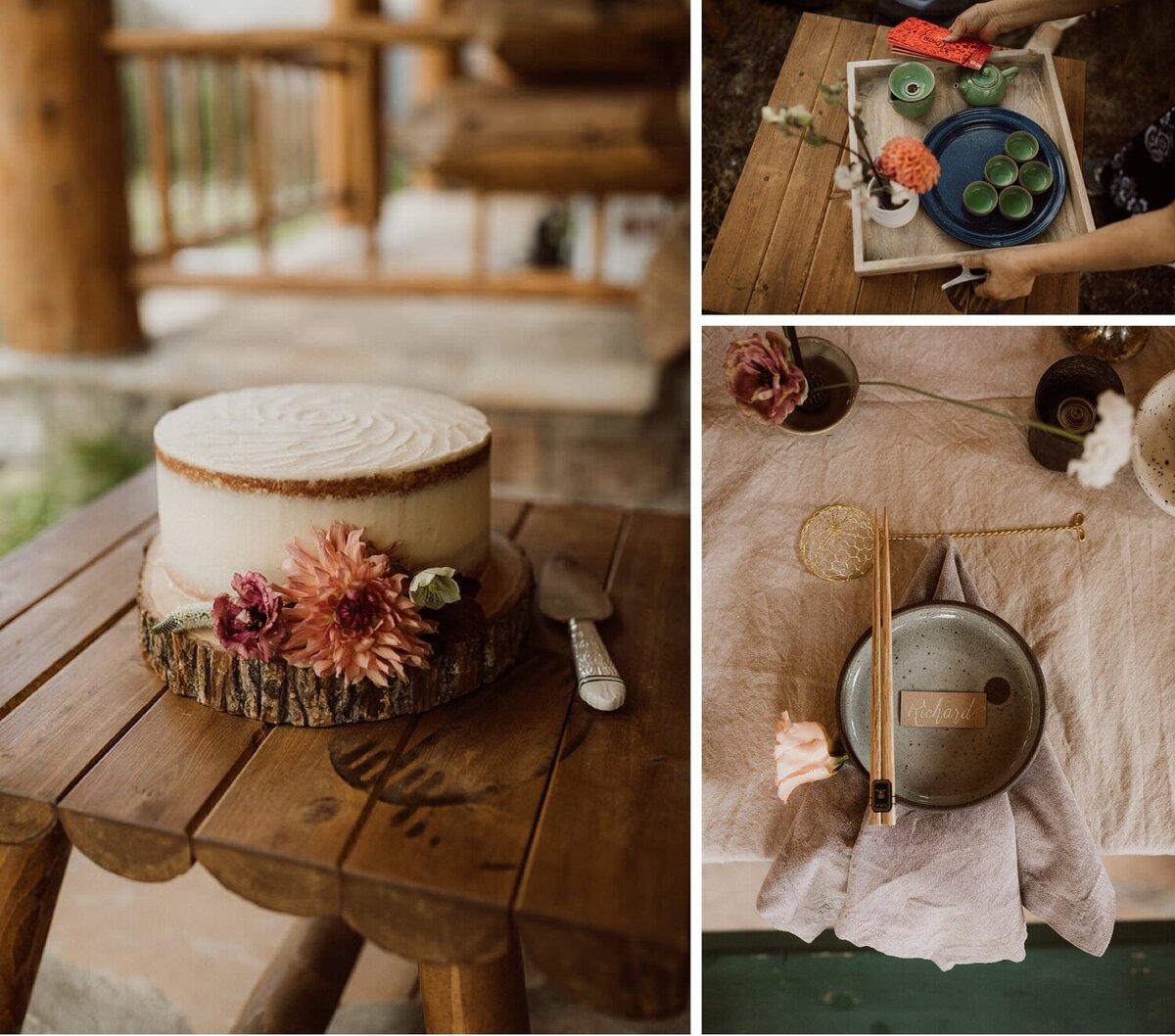 16_naked+wedding+cake+with+flowers+for+elopement_traditional+tea+ceremony+for+mountain+elopement_speckled+plates+elopement+design+tablescape