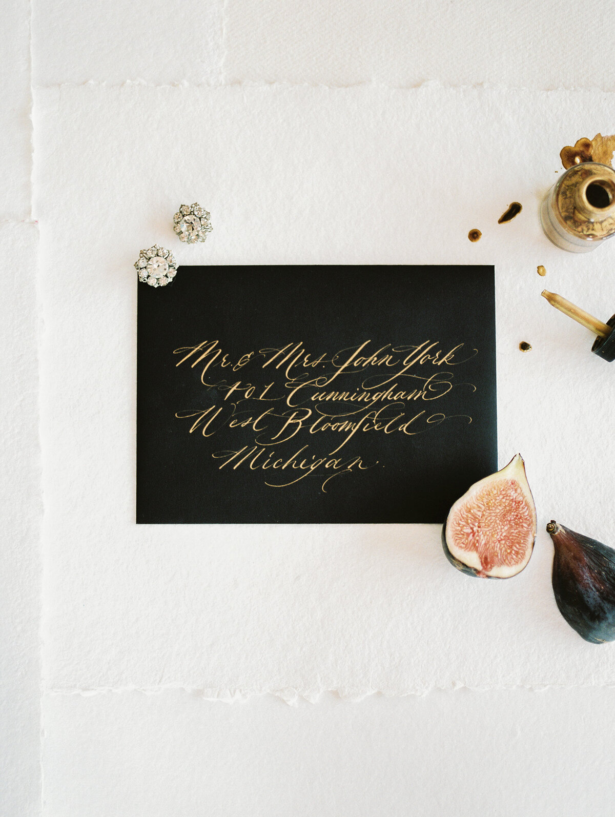 gilded gold ink calligraphy, antique diamond earrings, heirloom jewelry, figs on handmade paper