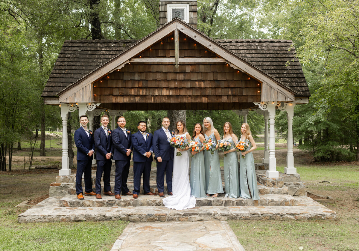 bride-and-groom-with-bridal-party-Lake-Pines-Event-Center-Midland-Georgia