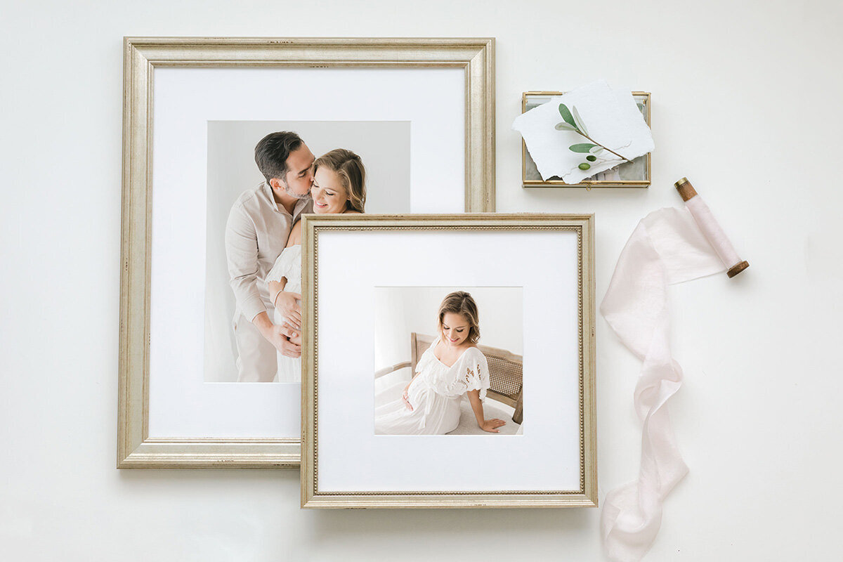 Framed maternity portraits styled with soft ribbon and keepsake stationery, photographed by Andrea Krey