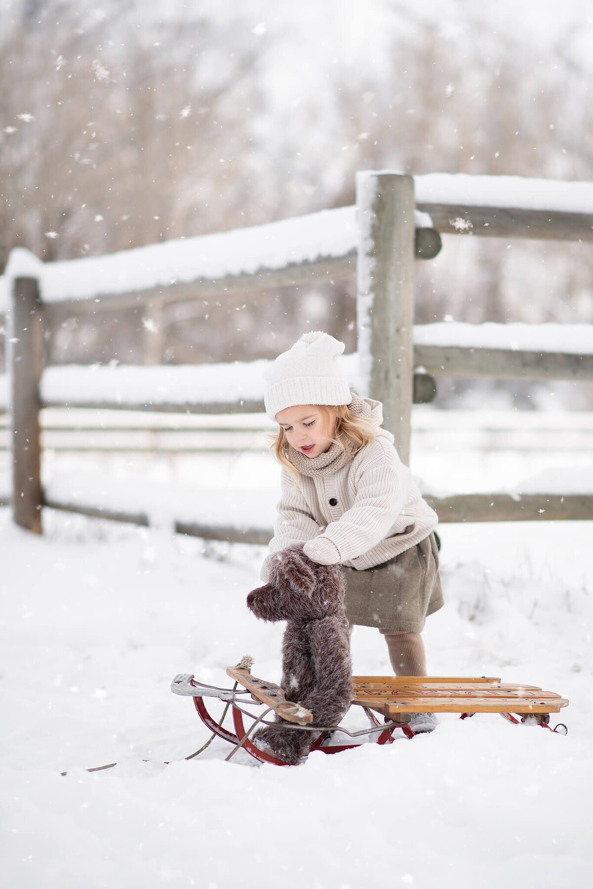 Little girl placing a teddy bear on a wooden sled about to take it for a ride in Westsyde, Kamloops.  Captured by Brittany Danielle Photography