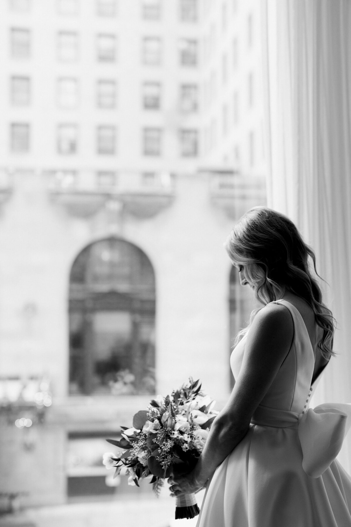 Close up of the bride in a black and white photo. 