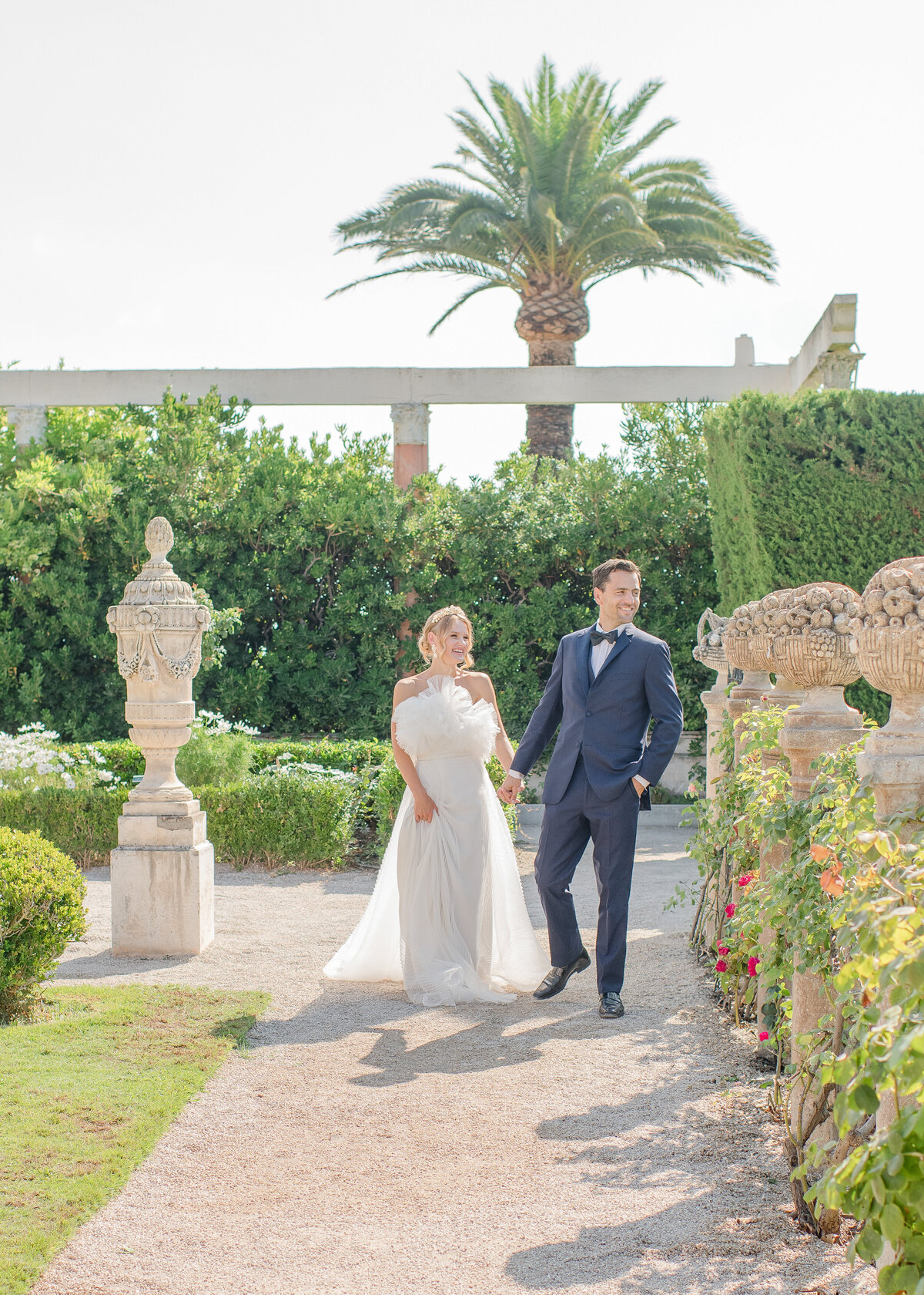 wedding couple in garden at villa ephrussi in french riviera. 