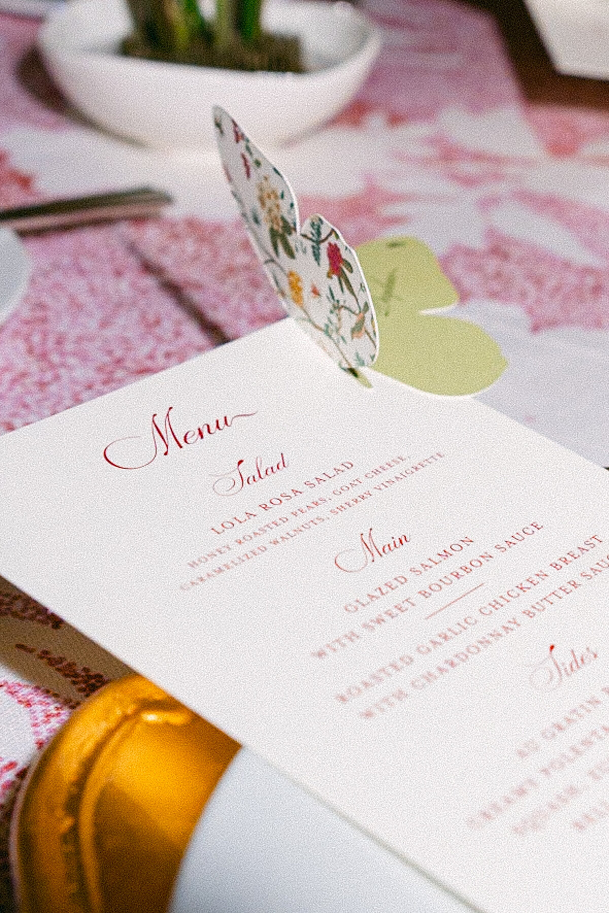 A wedding day photo of the decorated wedding dinner menu