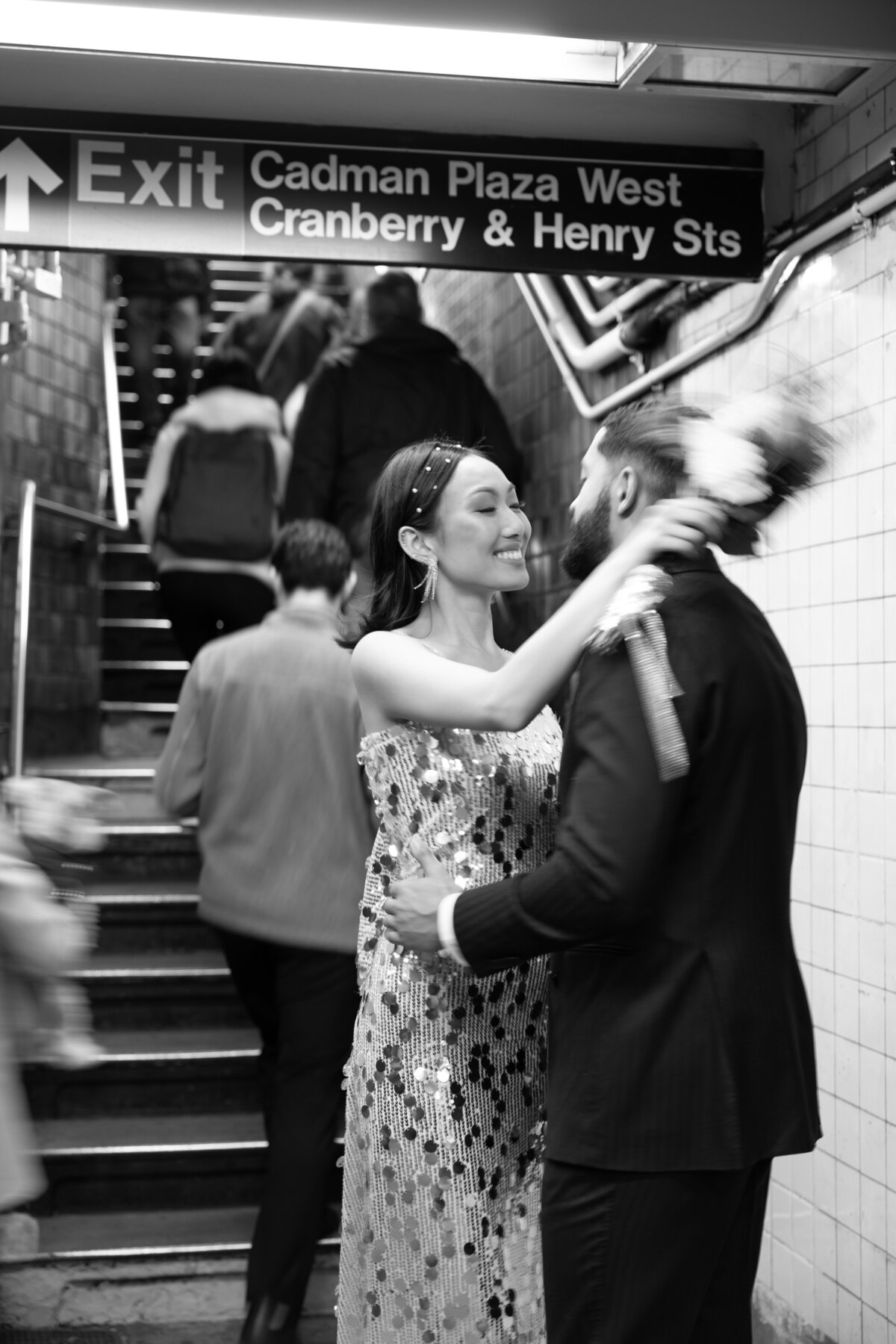 Modern, urban editorial elopement session on the NYC subway, capturing bold style and romantic vibes.