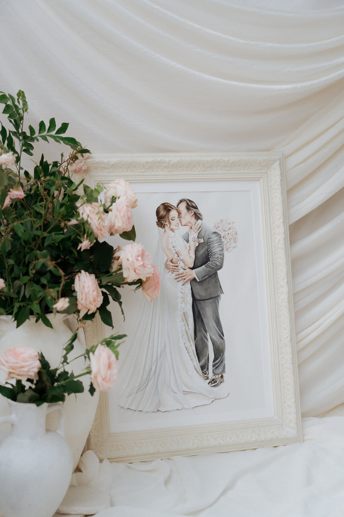 framed-wedding-portrait-illustration-bride-groom-pink-roses