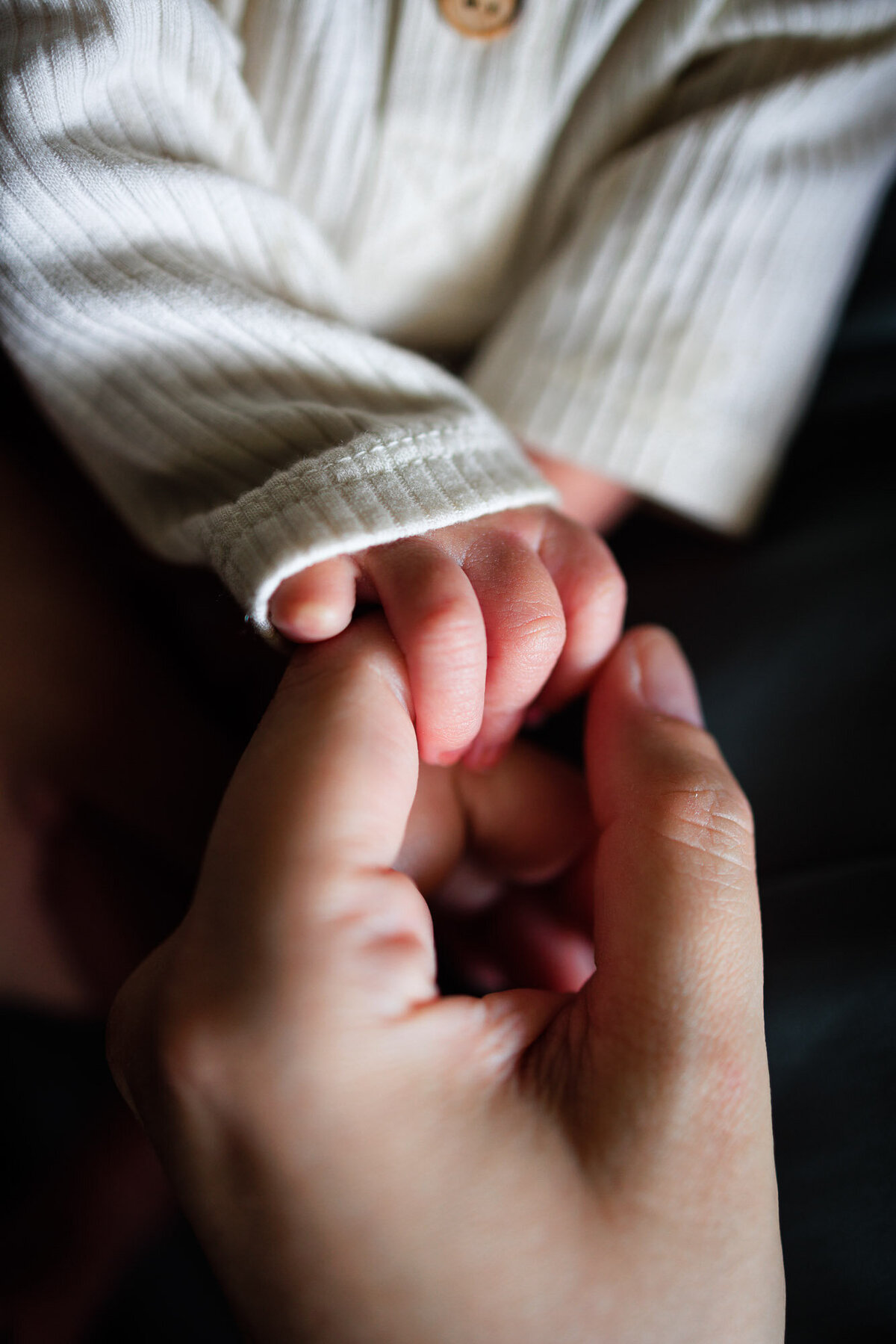 Close-up of a newborn's hand holding his mom's finger.