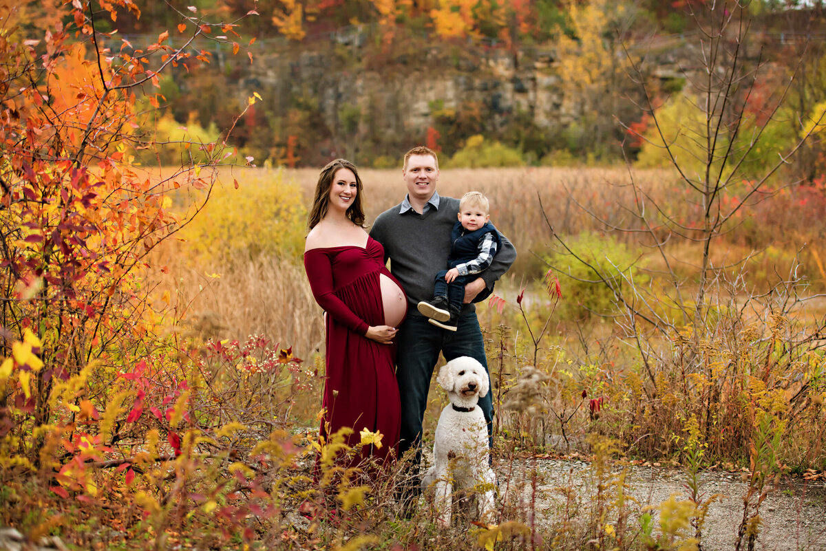 family maternity photos with older son and dog for their outdoor fall family maternity photography session in Burlington, Ontario